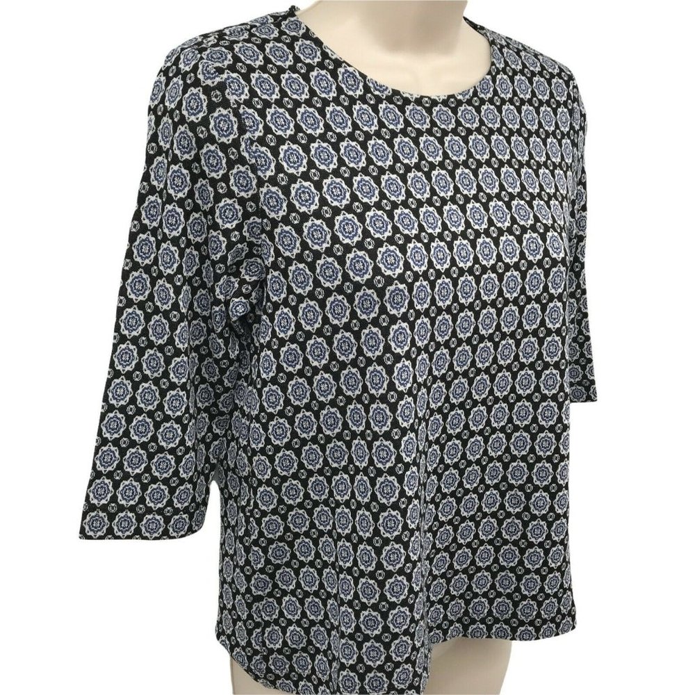 J. Jill Womens 3/4 Sleeves Crew Neck Pullover Black Printed Blouse Top Size XSP - Picture 3 of 8